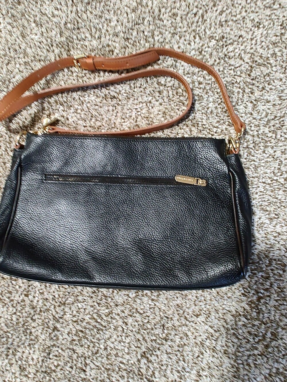 Valentina Leather Crossbody Bag in Black with Tan Strap